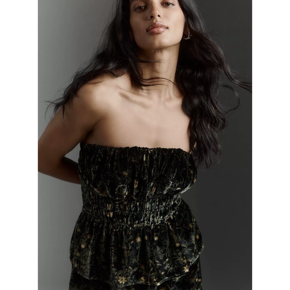 Anthropologie 3X Green FeatherMotif The Somerset Velvet Strapless Top Whimsigoth